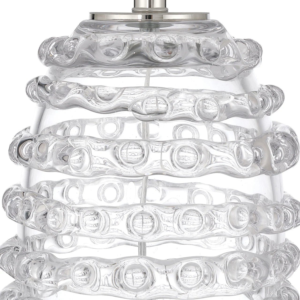 Clear glass spiral shade lamp with a silver metal top and stem, photographed against a white background.