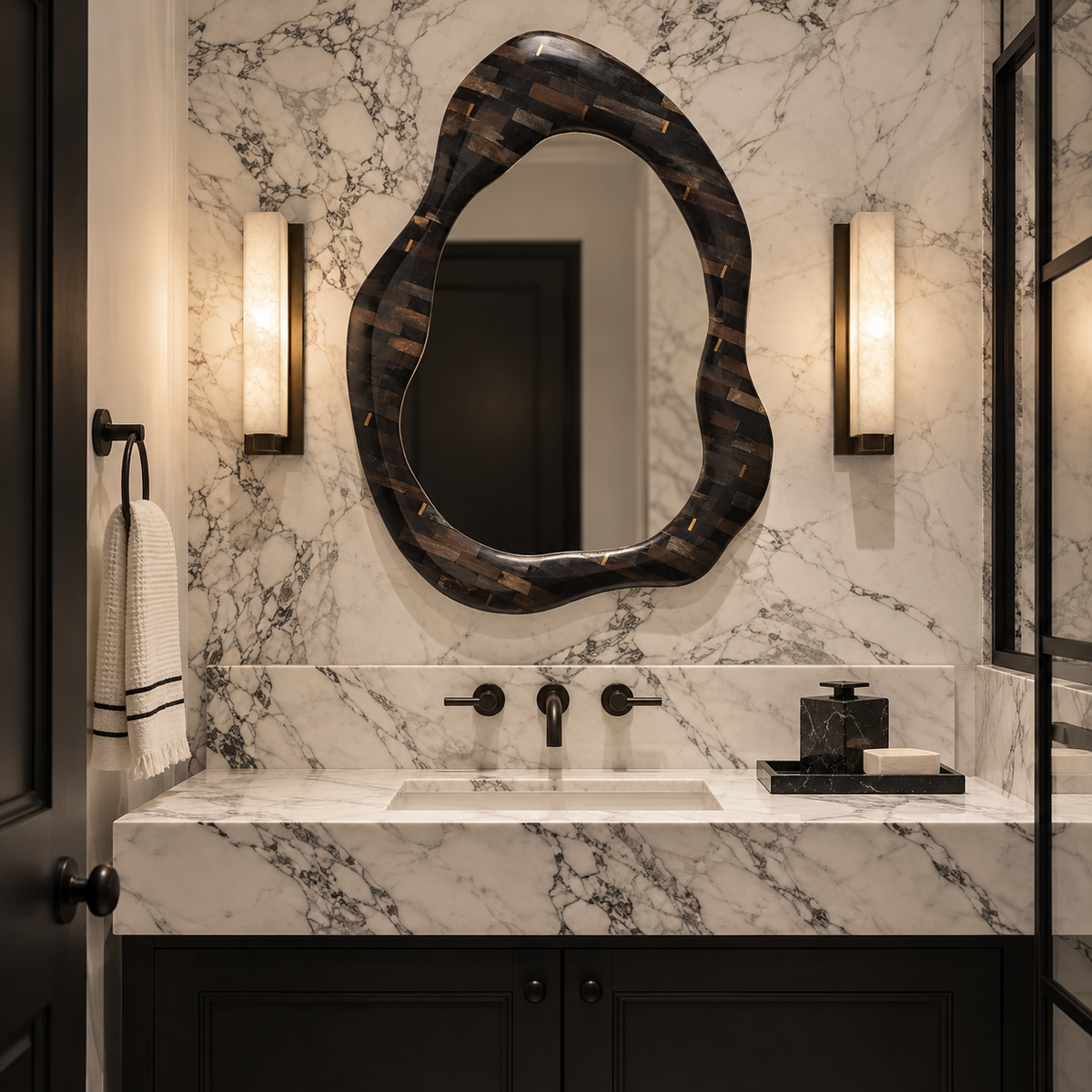 Luxurious modern bathroom featuring a sculptural asymmetrical dark wood mirror, illuminated alabaster wall sconces, dramatic white marble walls and countertop, matte black vanity cabinetry, and dark bronze fixtures with refined black accents.