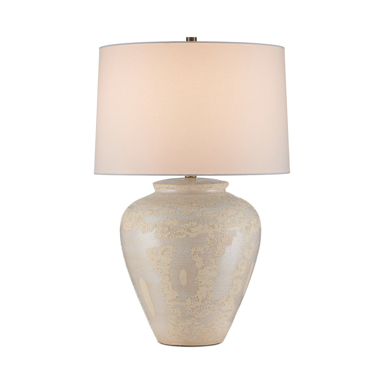 Table lamp with beige textured base and cream lampshade on a white background
