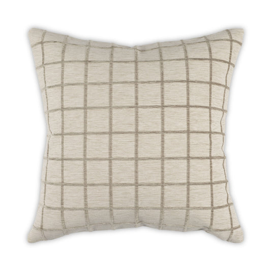Beige pillow with grid pattern on a white background