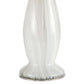 A close-up of a white fluted glass vase or candle holder with vertical ridges and a flared base, shown against a plain white background.