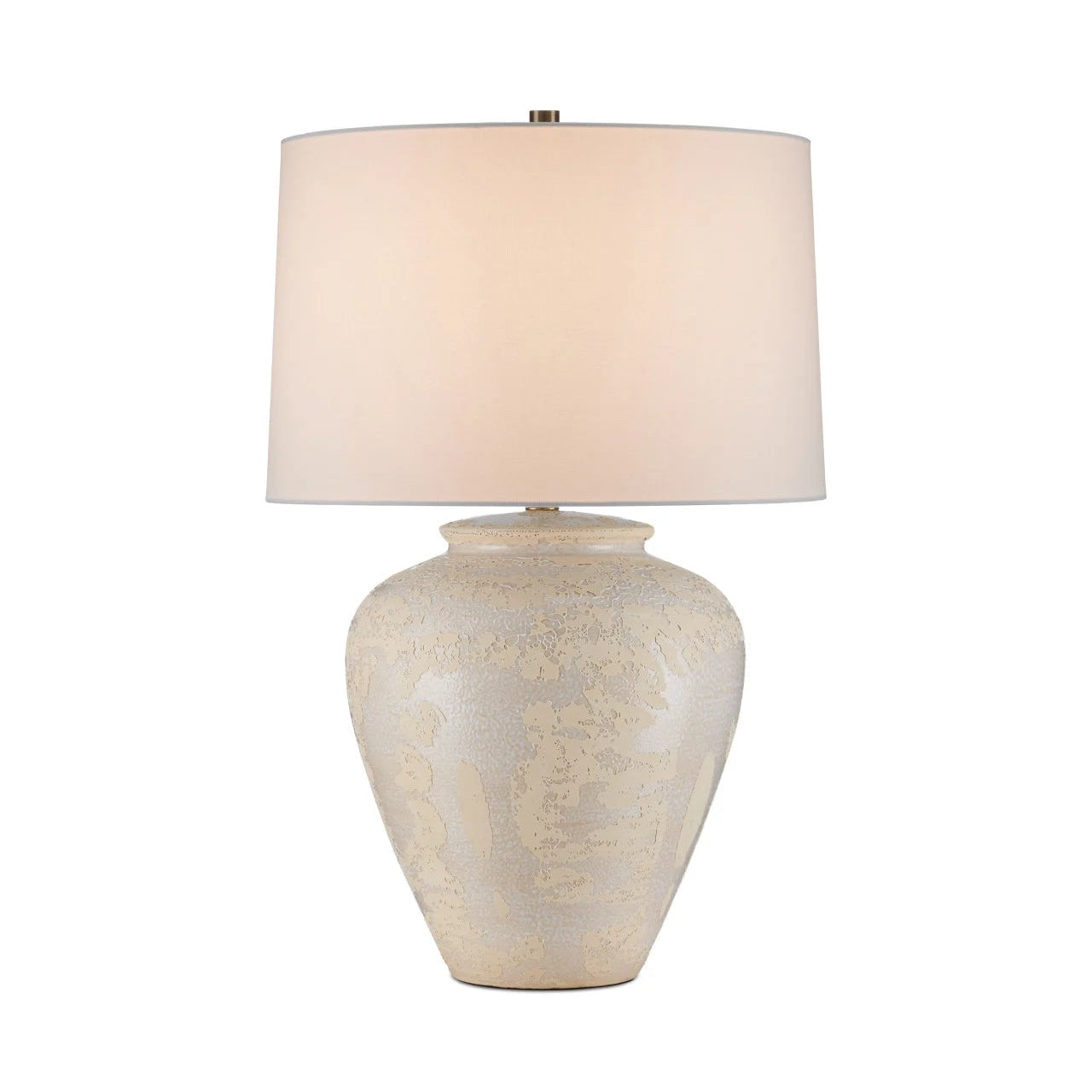 Table lamp with beige textured base and cream lampshade on a white background