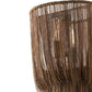 A close-up of a bronze-toned metal chain chandelier shade with hanging chain strands, shown against a plain white background.