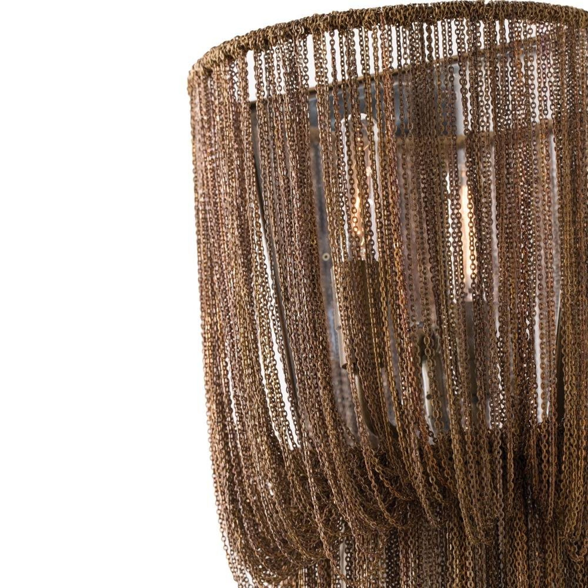 A close-up of a bronze-toned metal chain chandelier shade with hanging chain strands, shown against a plain white background.