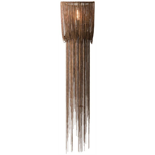A vertical wall sconce with a rectangular top and numerous dangling metallic fringe strands, shown against a plain white background.