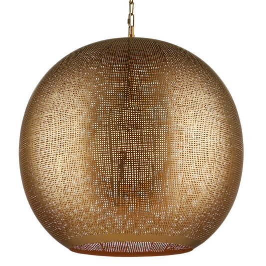 Gold spherical pendant light with woven texture on a white background