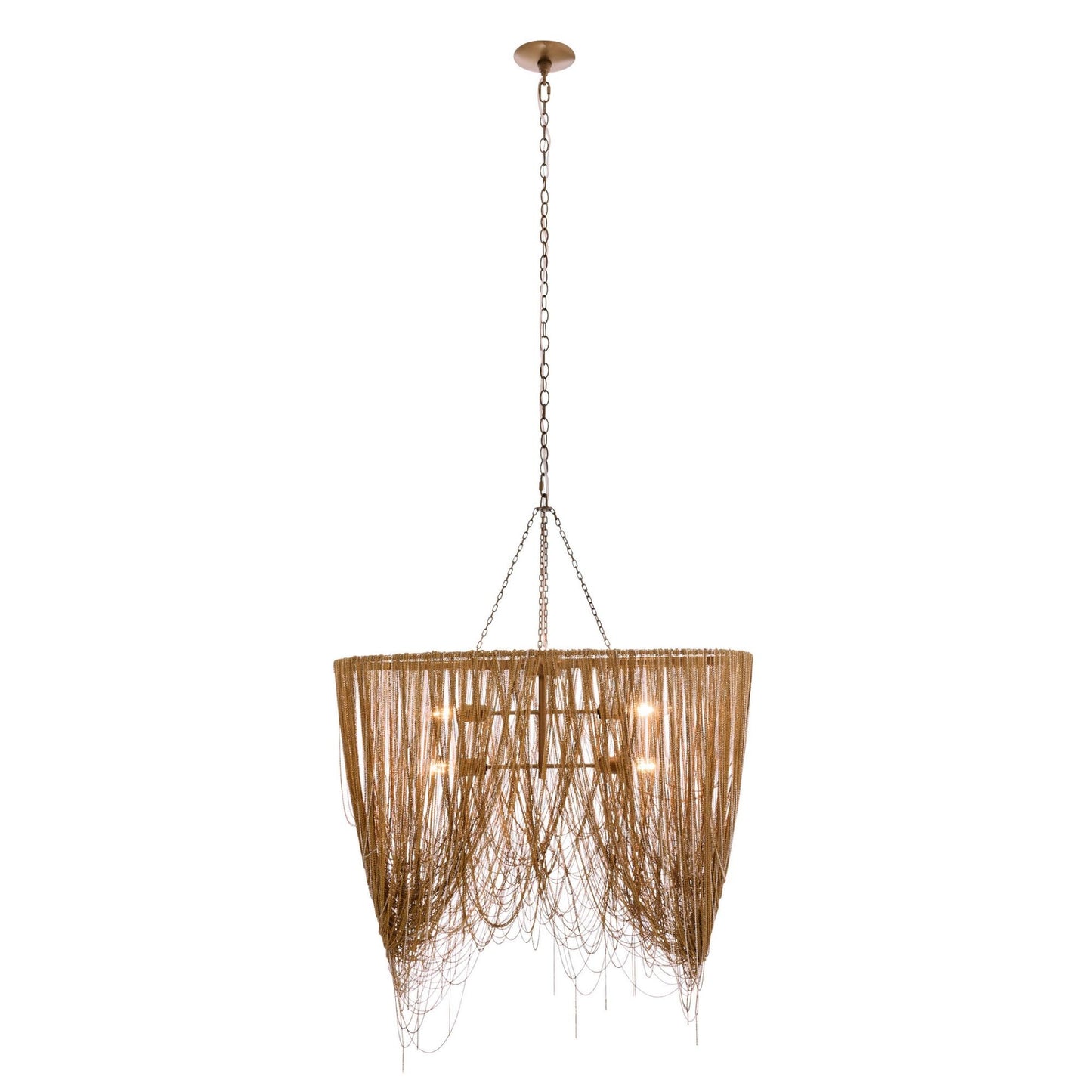 Woven wooden pendant light on a white background