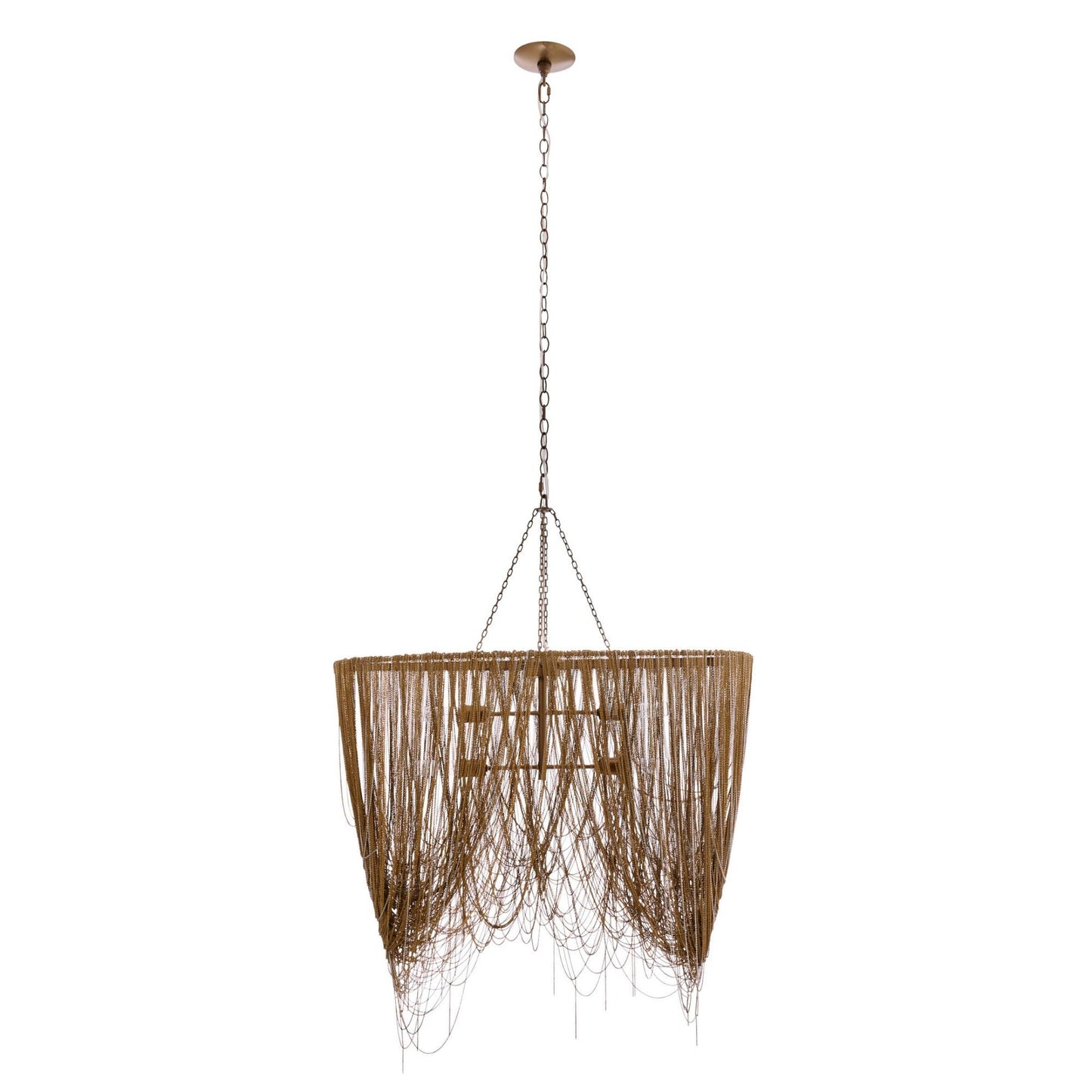 Woven rattan pendant light on a white background