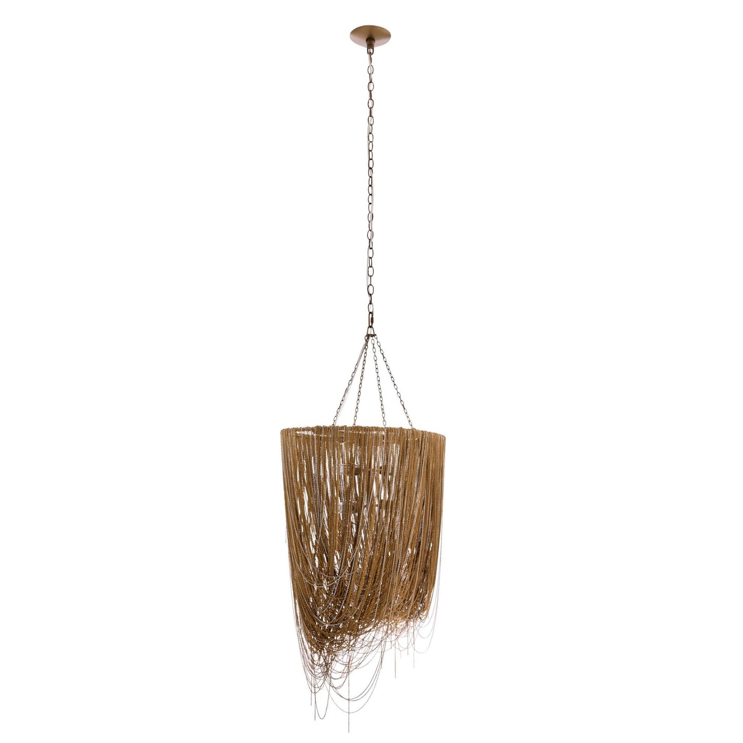 Wooden pendant light with hanging chain on a white background