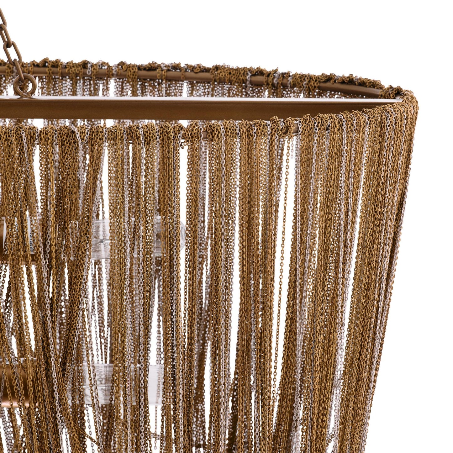 Close-up of a decorative chain fringe on a white background