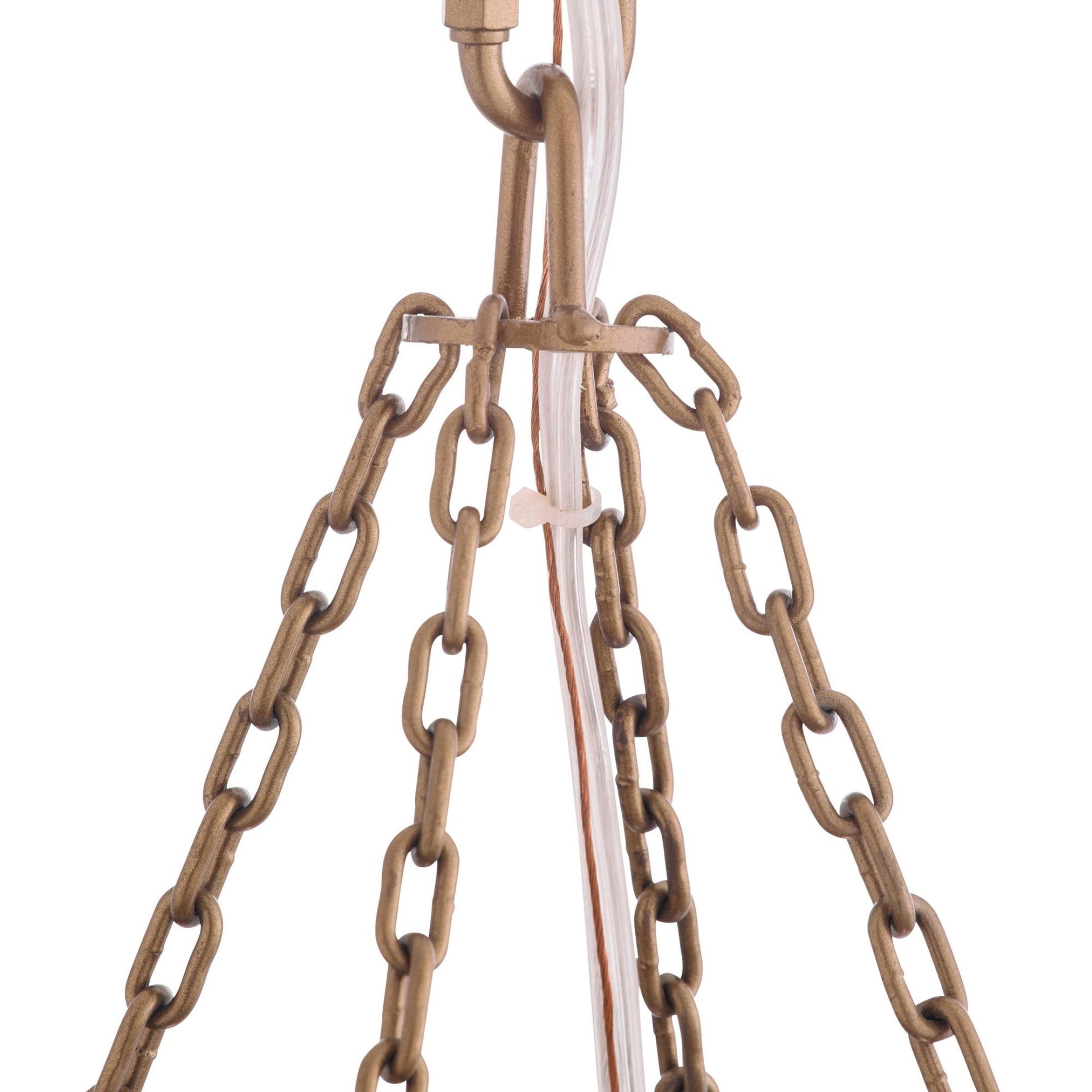 Close-up of a brown chain with a white cable running through it on a white background