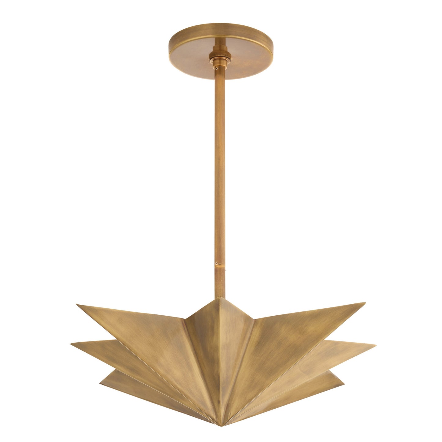 A modern pendant light fixture in a brushed brass or gold finish, featuring a circular ceiling canopy, a central hanging stem, and three layered, fan-like geometric shades at the bottom, shown against a solid white background.