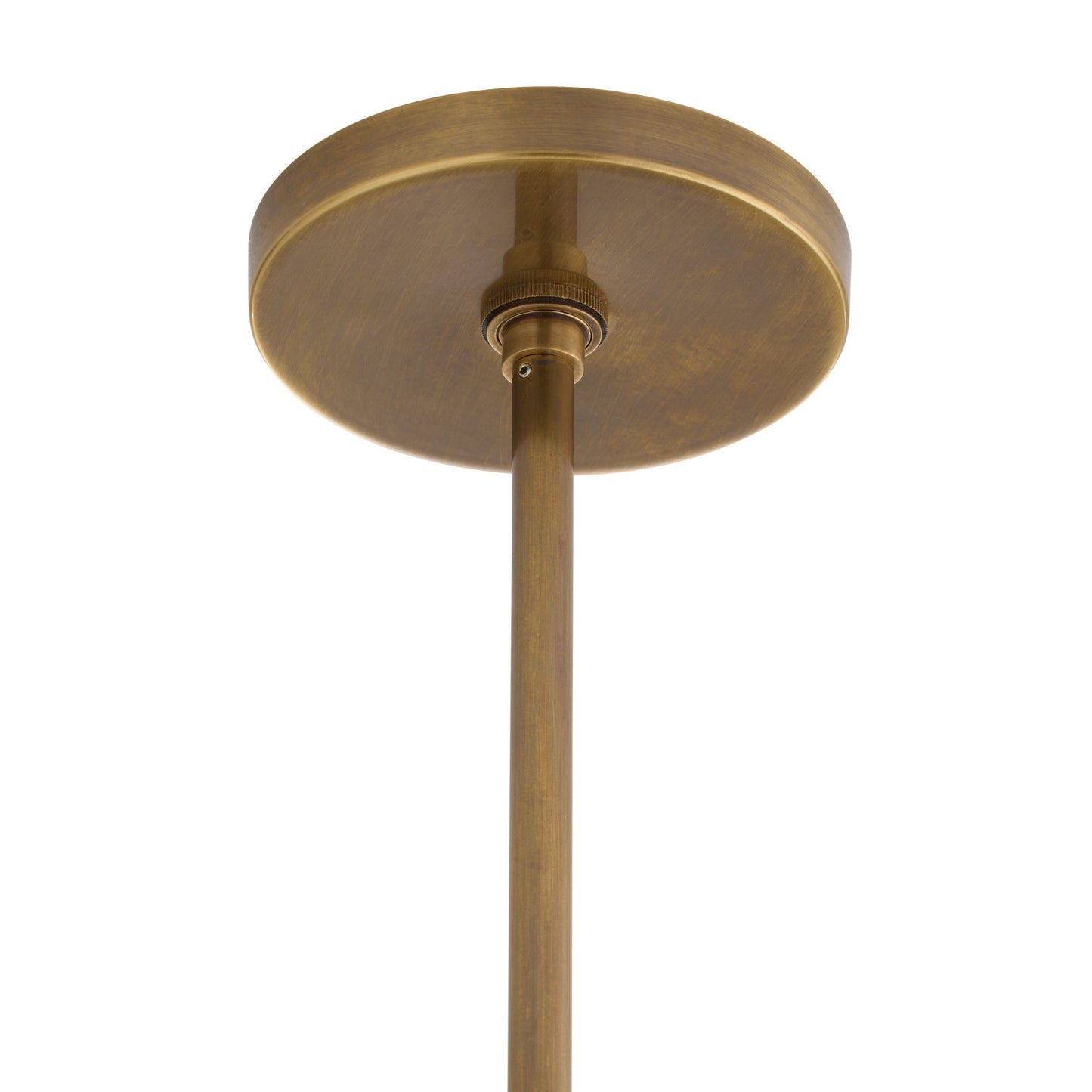 An antique brass ceiling canopy and downrod for a pendant light, shown against a solid white background.