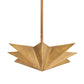 A modern geometric pendant light fixture with a brushed brass finish, featuring a multi-pointed starburst design suspended from a single vertical rod against a solid white background.