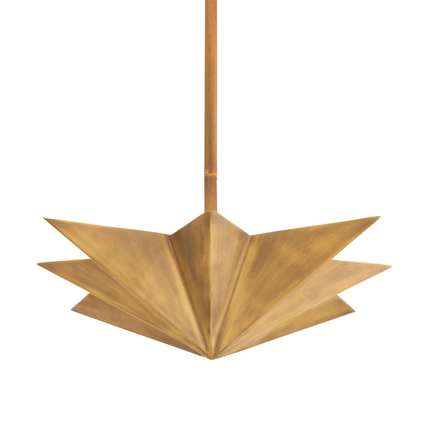A modern geometric pendant light fixture with a brushed brass finish, featuring a multi-pointed starburst design suspended from a single vertical rod against a solid white background.