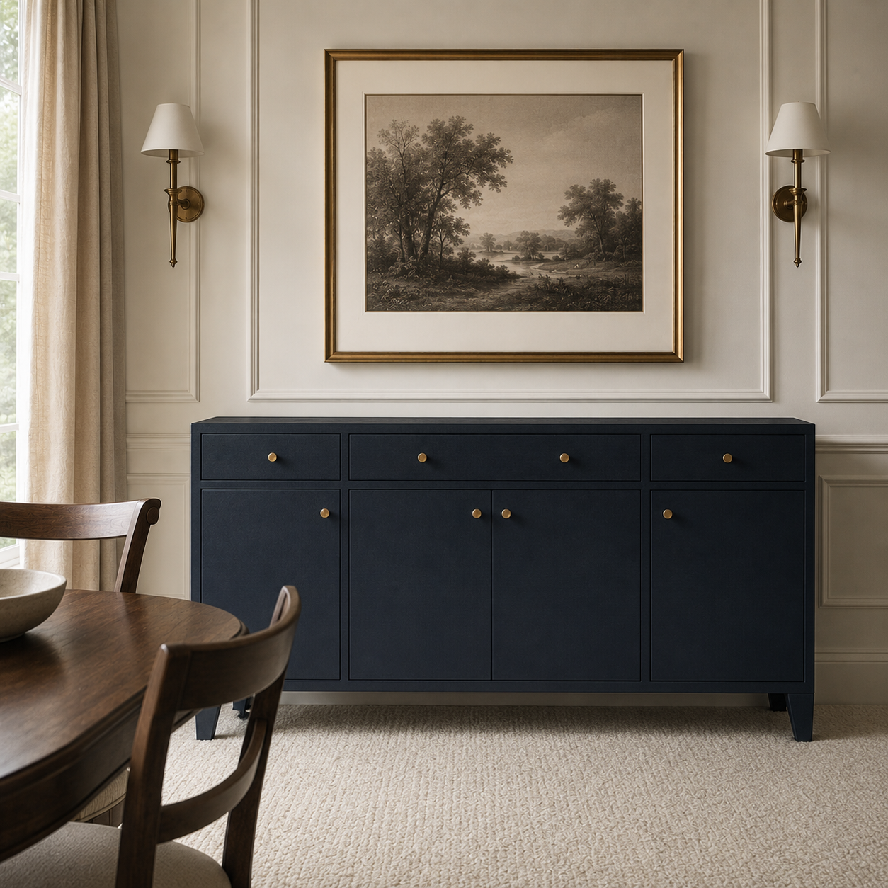 A navy blue wooden sideboard cabinet with brass knobs, styled in a dining room below a framed landscape print and between two wall sconces.