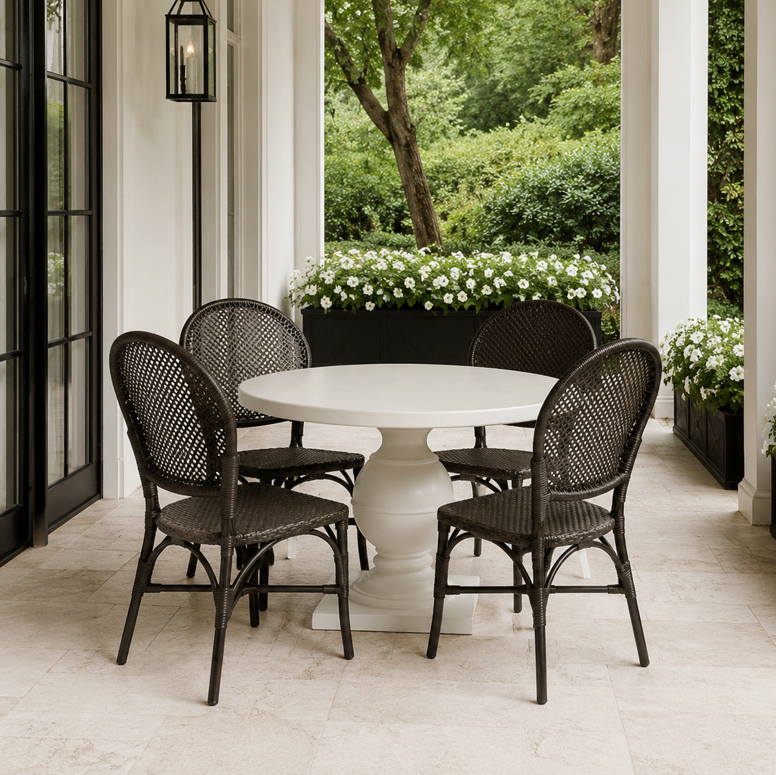 A round white dining table with four dark woven wicker chairs, set on a light stone patio under a covered porch with green garden foliage in the background.