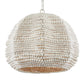A dome-shaped pendant light fixture made of textured, small white beads with a natural woven wicker interior, suspended by a silver metal chain against a plain white background.