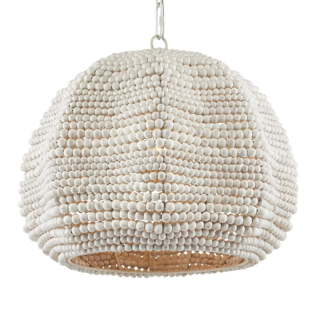 A dome-shaped pendant light fixture made of textured, small white beads with a natural woven wicker interior, suspended by a silver metal chain against a plain white background.