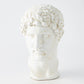 White marble sculpture of a face on a white background