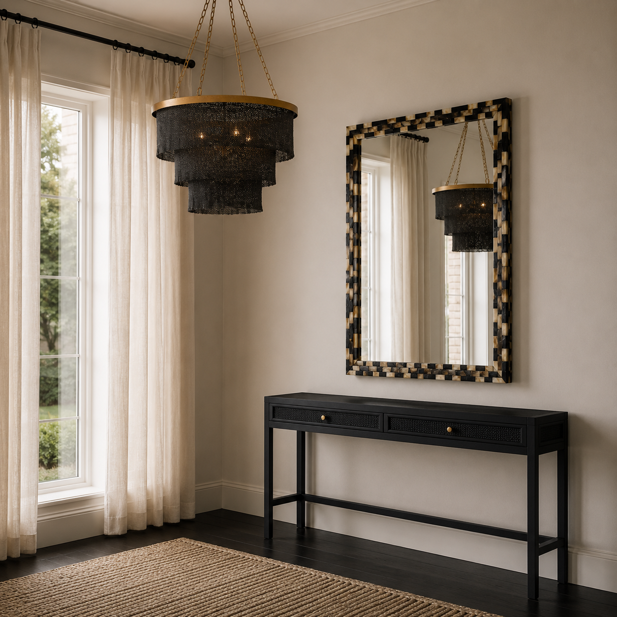 A styled interior room scene showing a black tiered chandelier hanging in a window with sheer curtains, a black console table beneath a patterned rectangular mirror, and the chandelier reflected in the mirror.