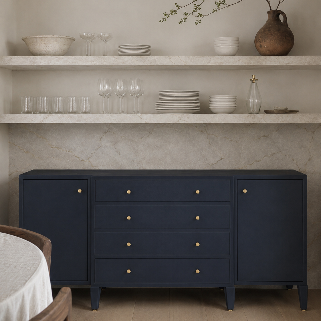 A navy blue wooden sideboard cabinet with gold knobs, set against a light beige marble wall with open shelves holding dishes and a vase in the background.