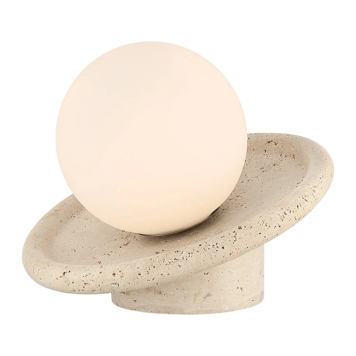 Lamp with a spherical white bulb on a textured beige base against a white background