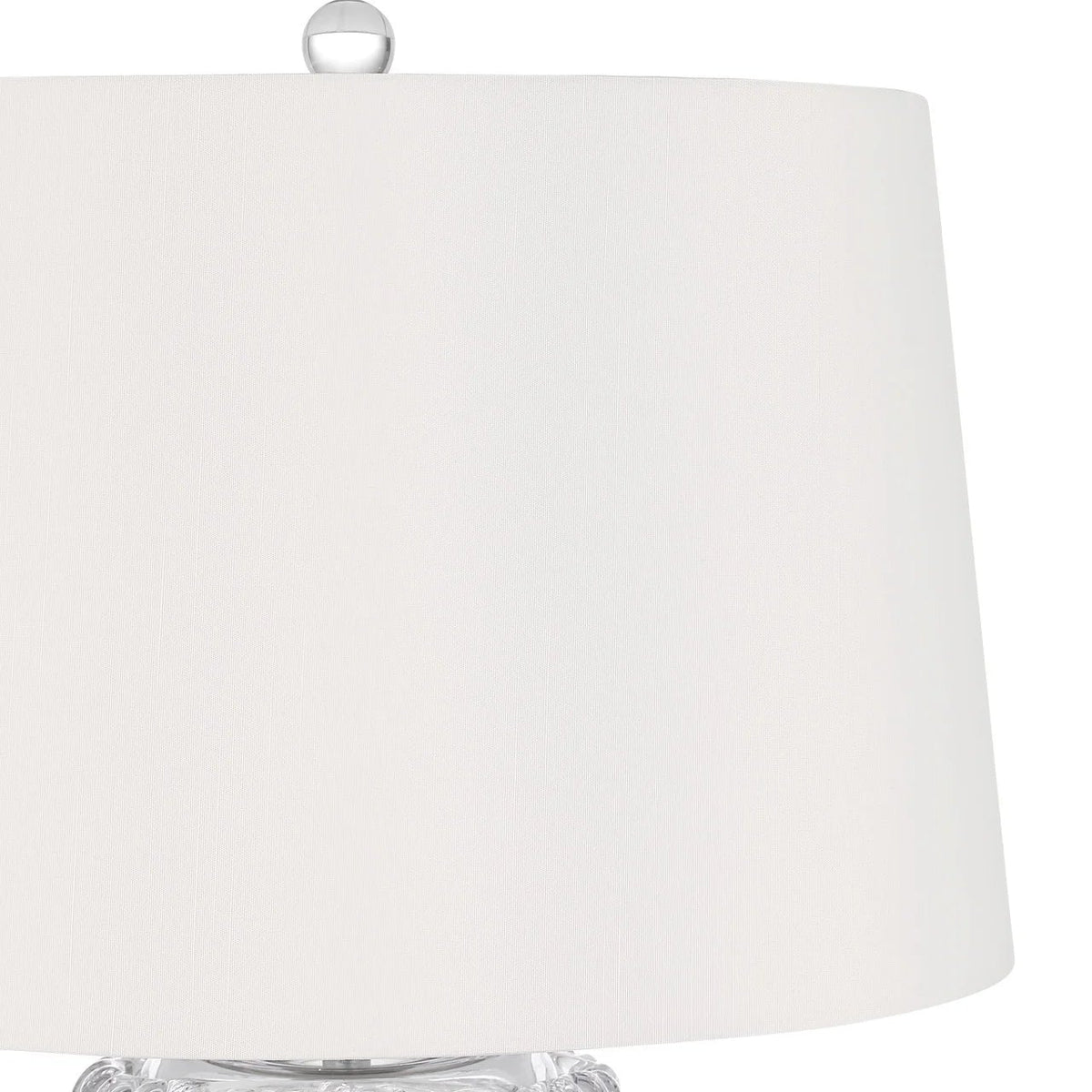 A close-up of a table lamp featuring a large, plain white fabric drum shade and a clear glass base with a small clear finial at the top.