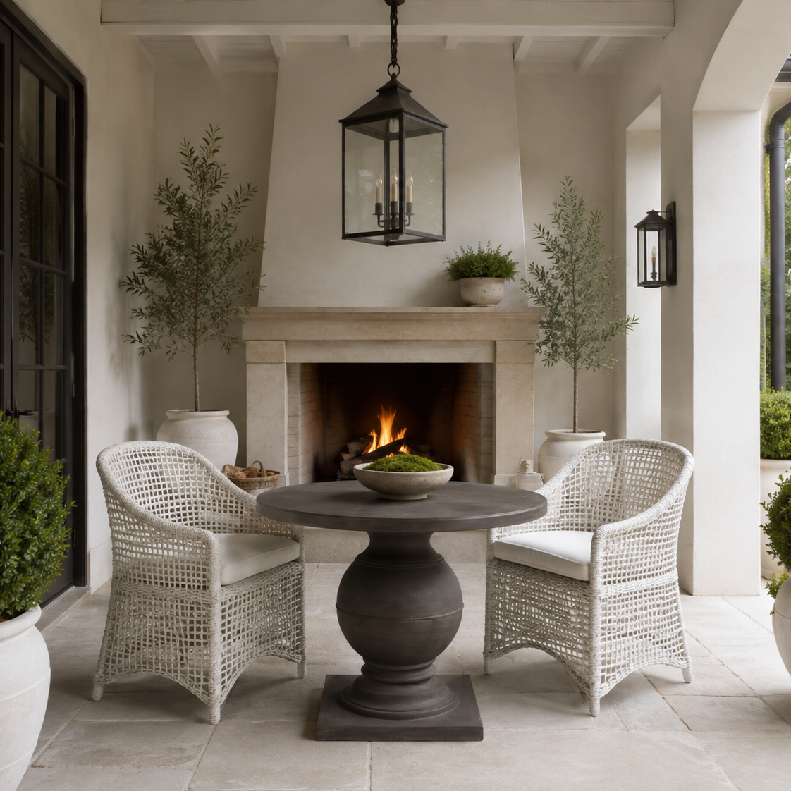 Outdoor patio seating set featuring two white wicker armchairs with white cushions around a round dark gray stone pedestal table, positioned in front of a stone fireplace with a warm fire burning inside. The scene is framed by large white planters with trimmed green shrubs and potted olive trees under a black hanging lantern.