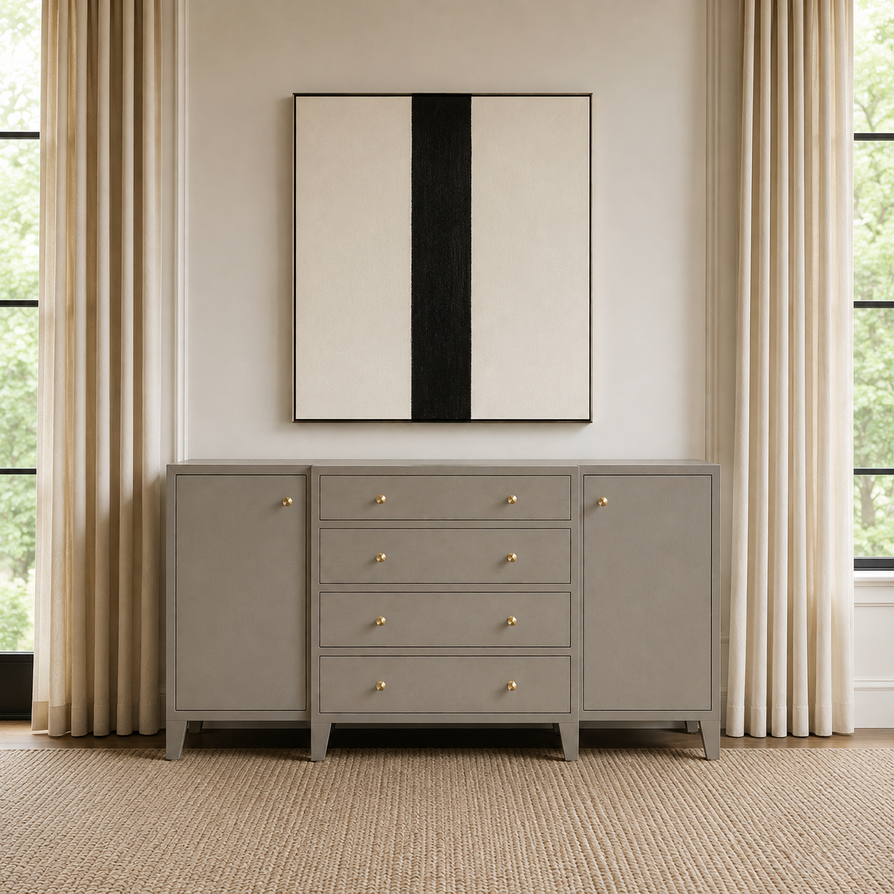 A light gray wooden sideboard cabinet with five drawers and two side panels, accented with small gold knobs, positioned against a beige wall in a styled room with beige curtains and a framed abstract print above.