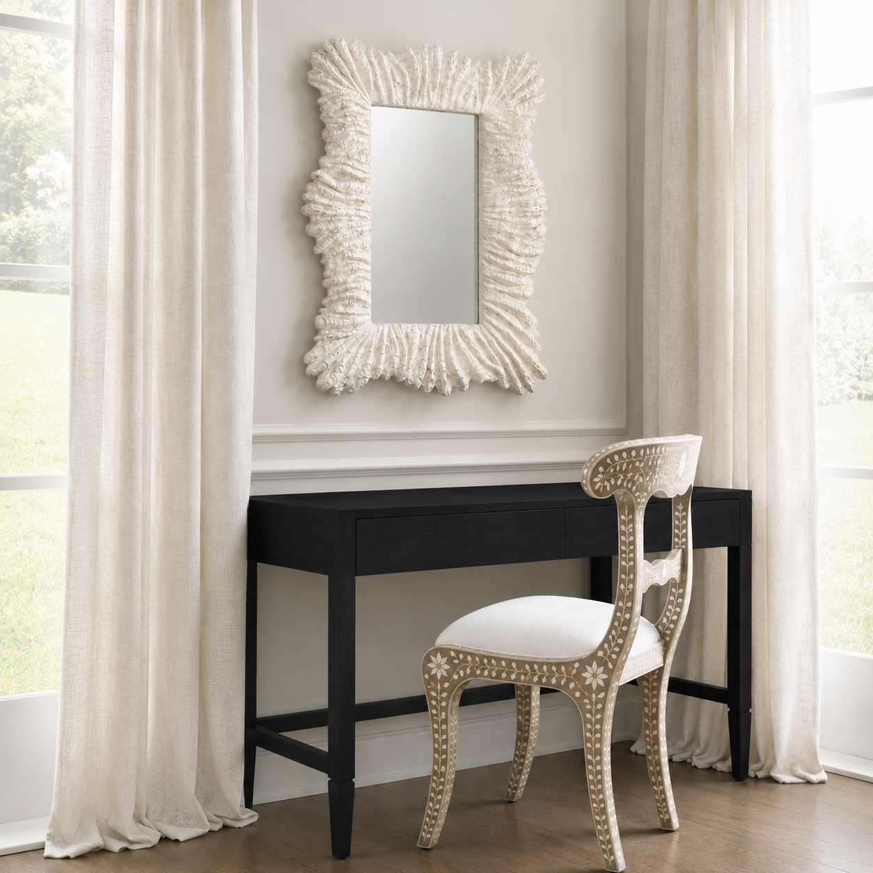Conrad Desk in Black Faux Raffia Styled In A Neutral Room