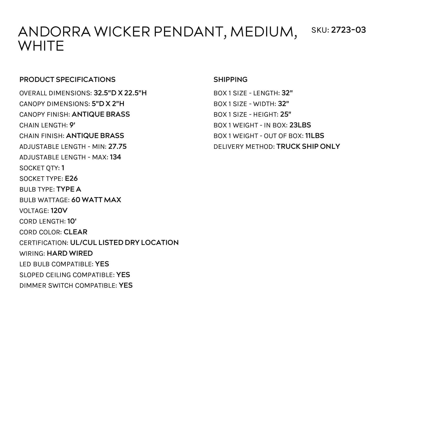 Product specifications for Andorra Wicker Pendant, Medium, White by Palecek on a white background.