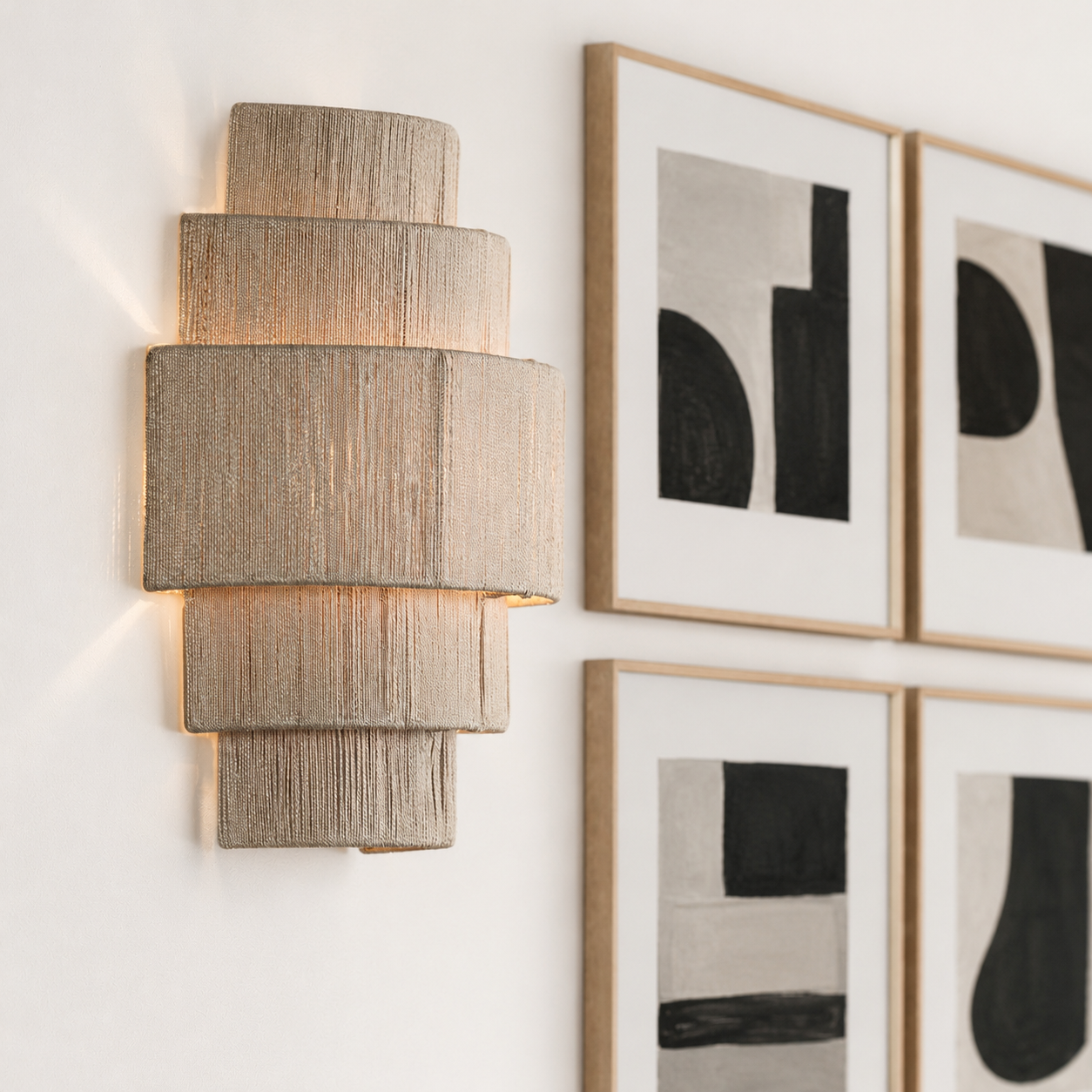 A modern tiered wall sconce with a textured beige linen fabric shade, mounted on a white wall next to framed abstract black and gray art.