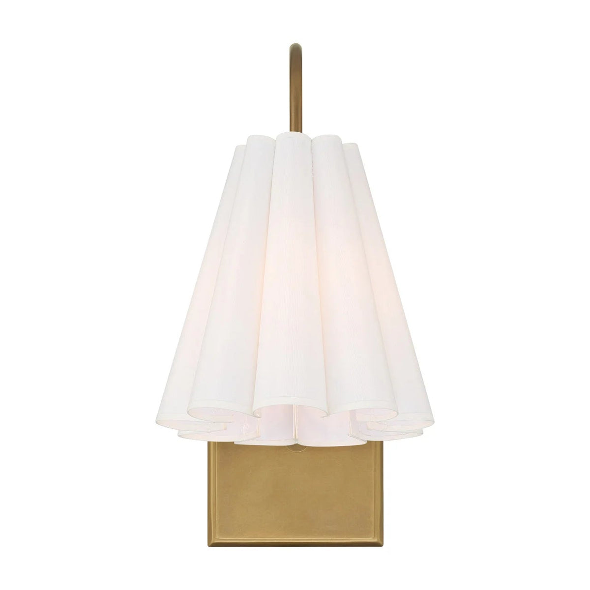 A modern wall-mounted sconce with a pleated white fabric shade and a square brass-finished metal base, shown against a plain white background.