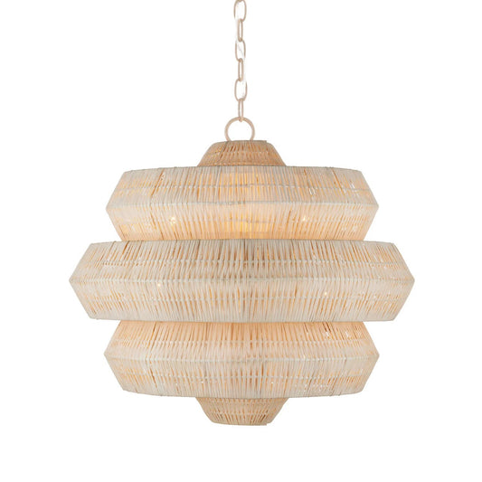 Beige pendant light with layered design on a white background