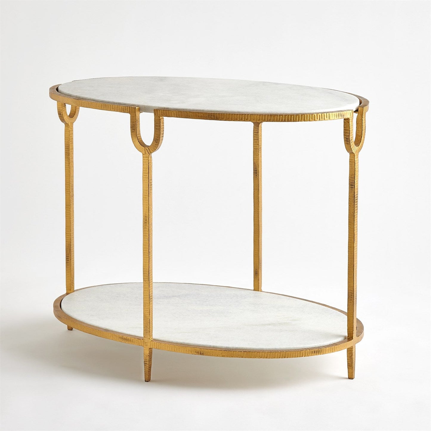 Decorative side table with gold frame and white marble top on a white background