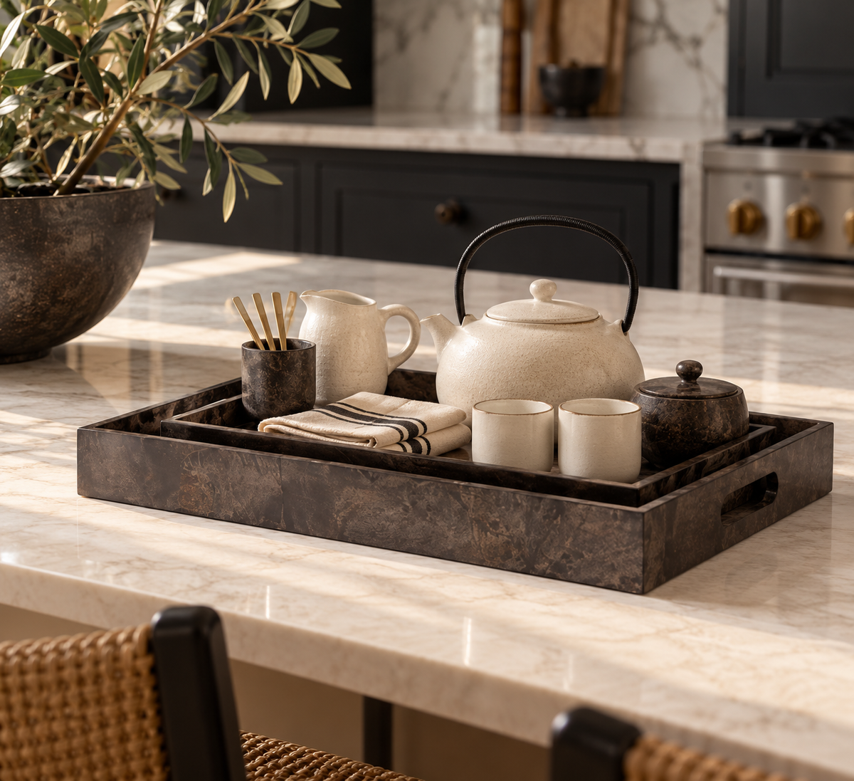 tray set brown made goods rectangle gray
