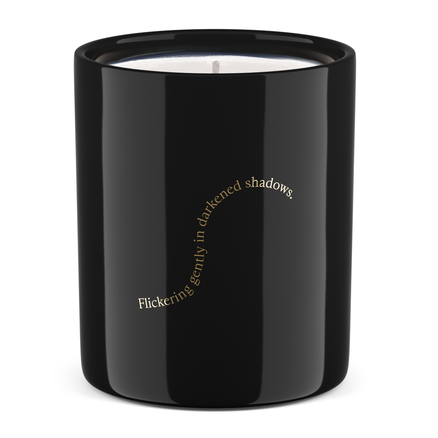 Black candle with text on a white background