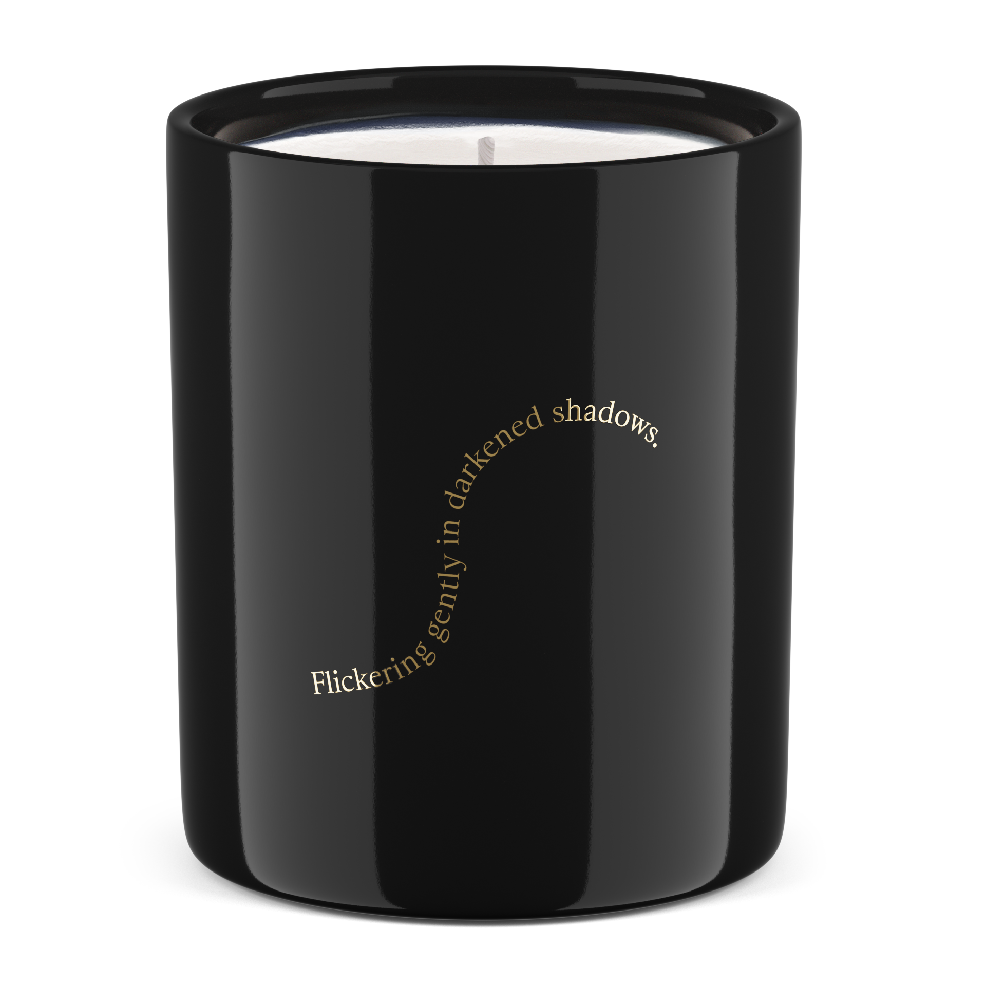 Black candle with text on a white background