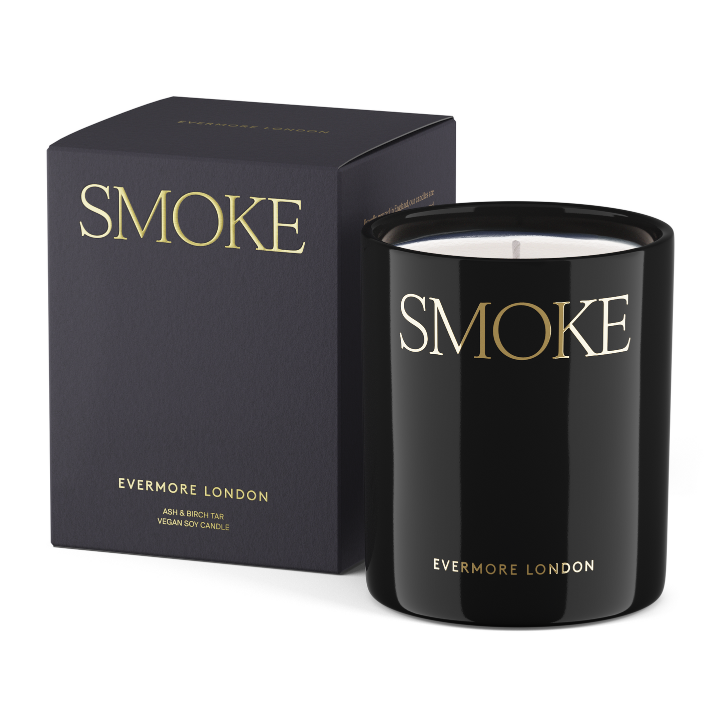 Black 'Smoke' candle with packaging by Evermore London on a white background