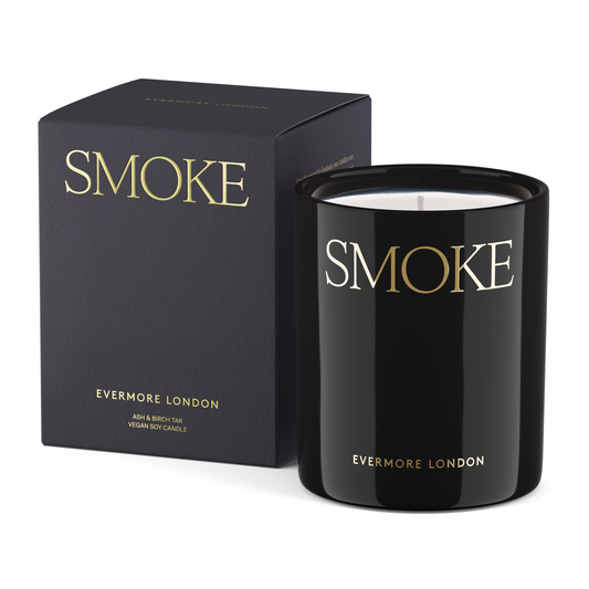 Black 'Smoke' candle with packaging by Evermore London on a white background