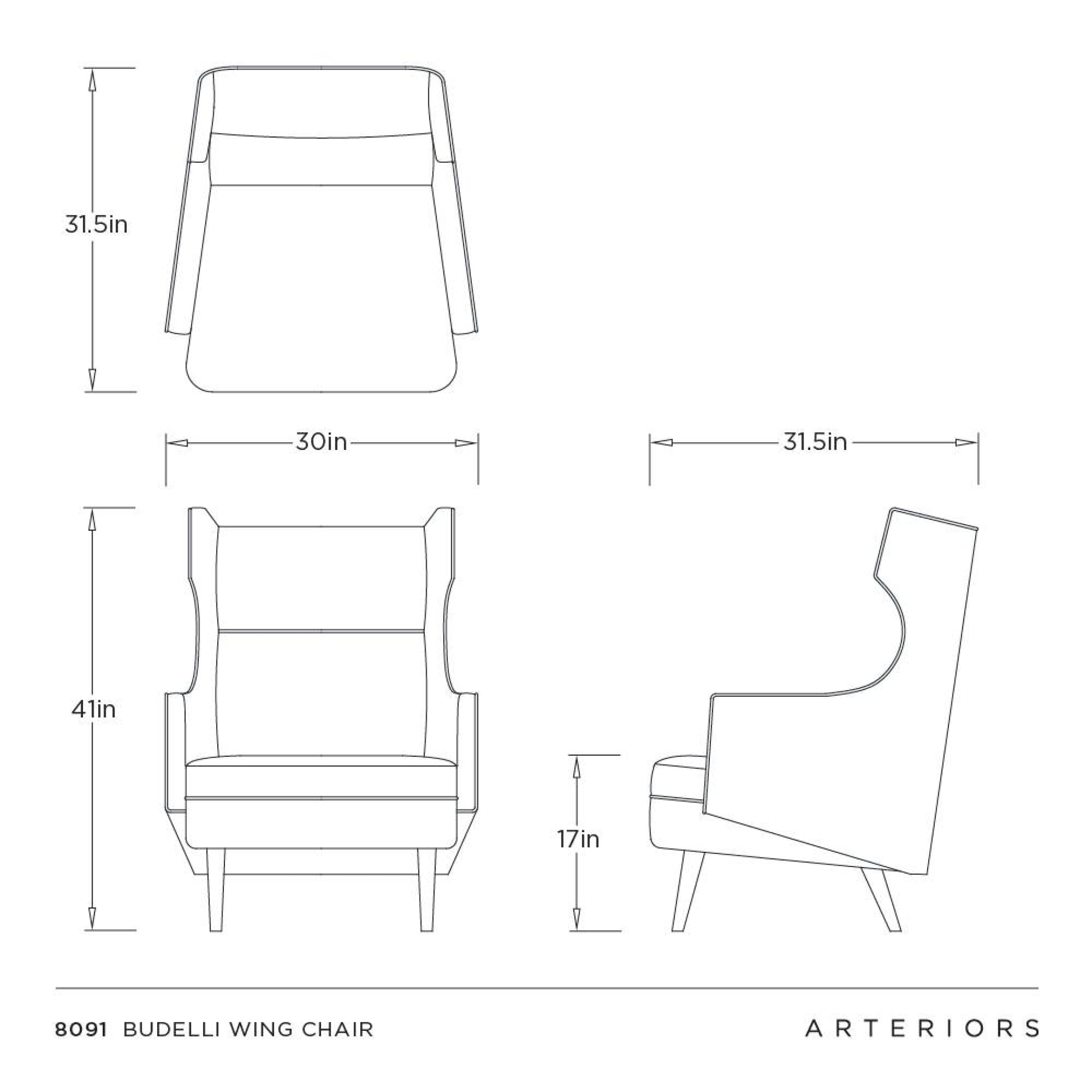 Technical drawing of a Budelli Wing Chair with dimensions labeled