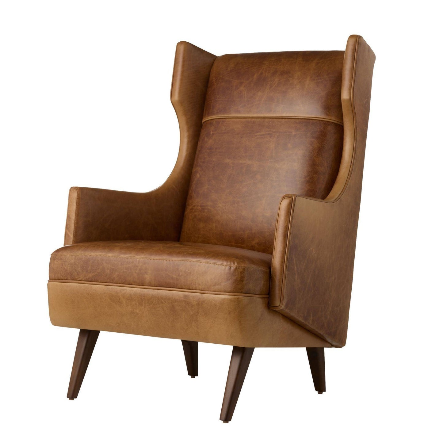 Brown leather wingback chair on a white background