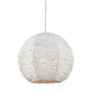 A spherical woven pendant light fixture made of textured natural fibers, suspended by a silver metal chain against a plain white background.