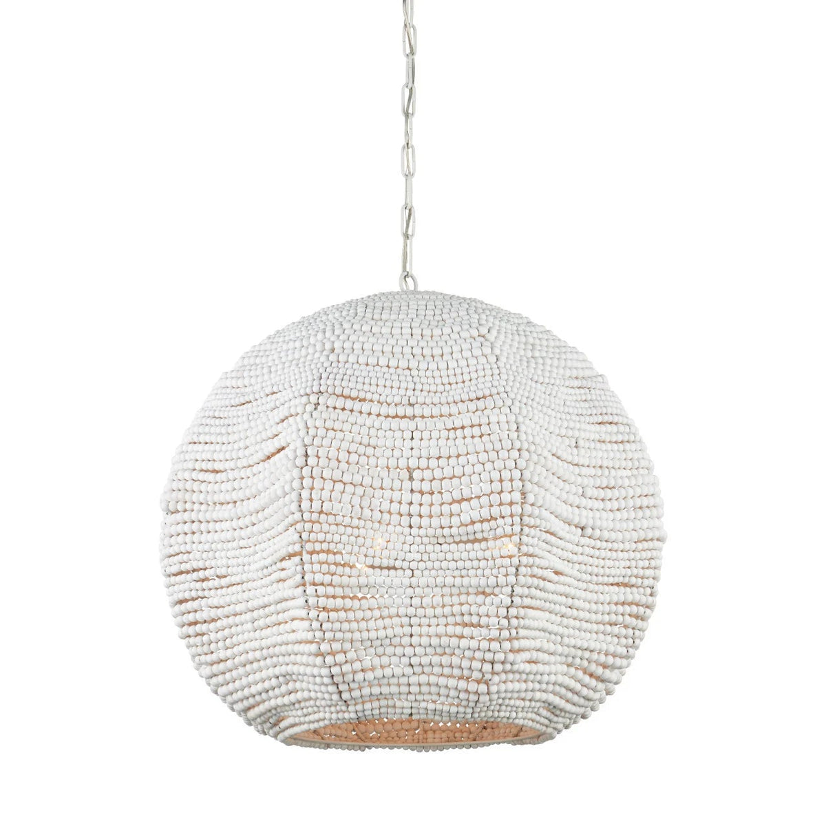 A spherical woven pendant light fixture made of textured natural fibers, suspended by a silver metal chain against a plain white background.