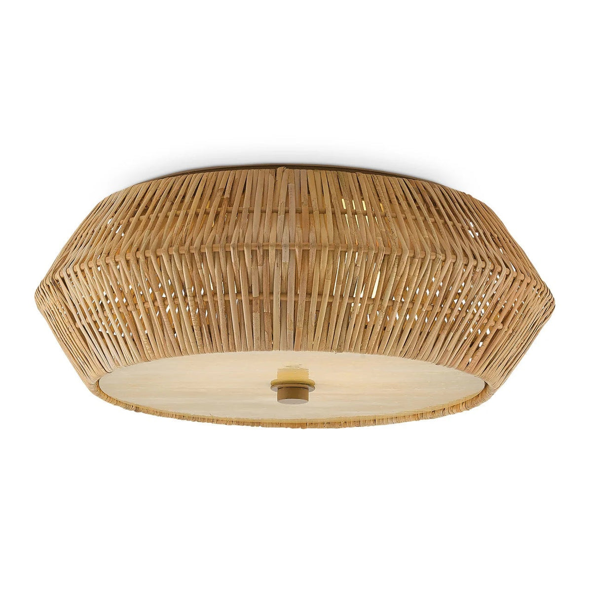 A round, flush-mount ceiling light fixture made of natural woven rattan or wicker, featuring a textured tan-brown outer shade and a light beige inner diffuser, shown against a plain white background.