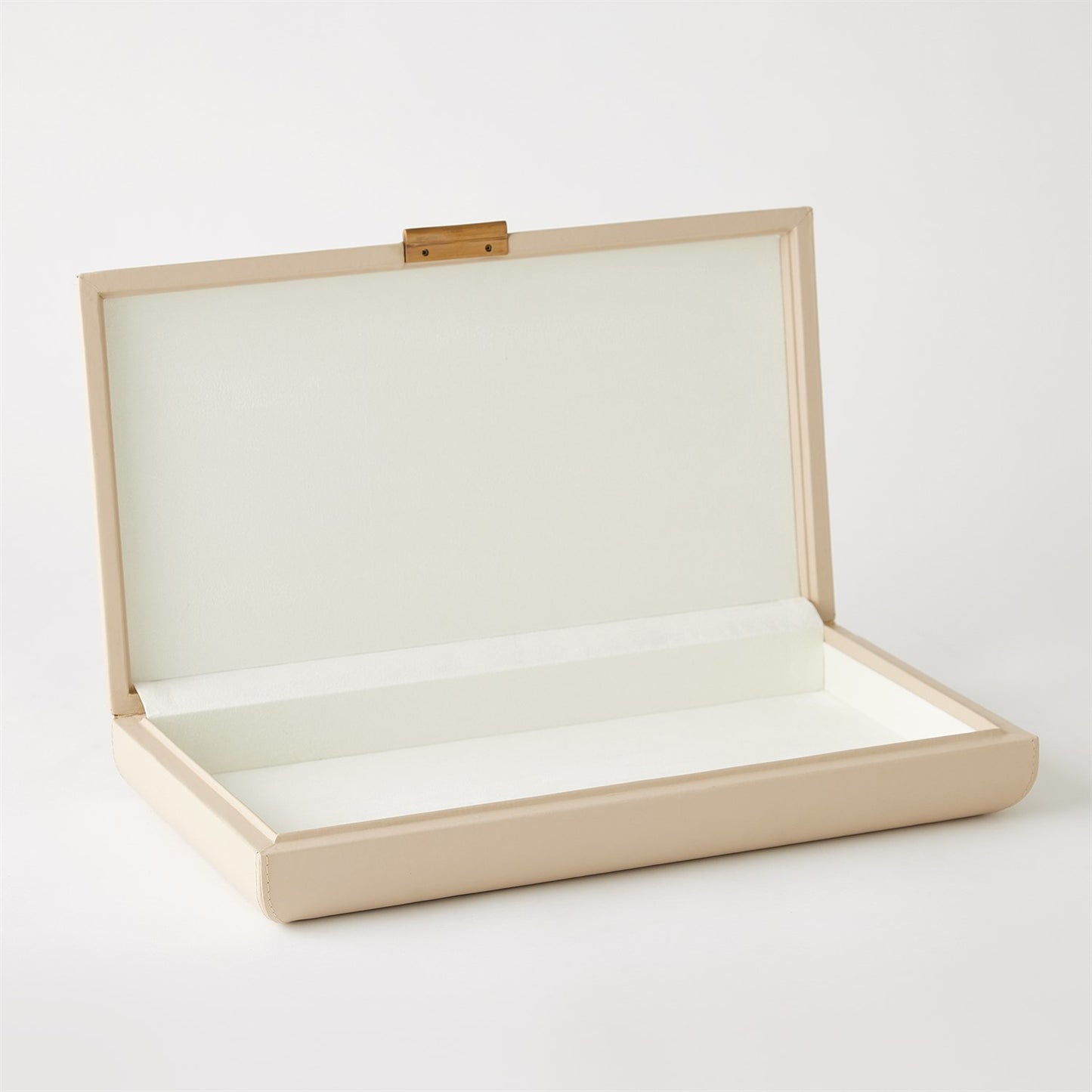 Beige jewelry box with a clear lid on a white background