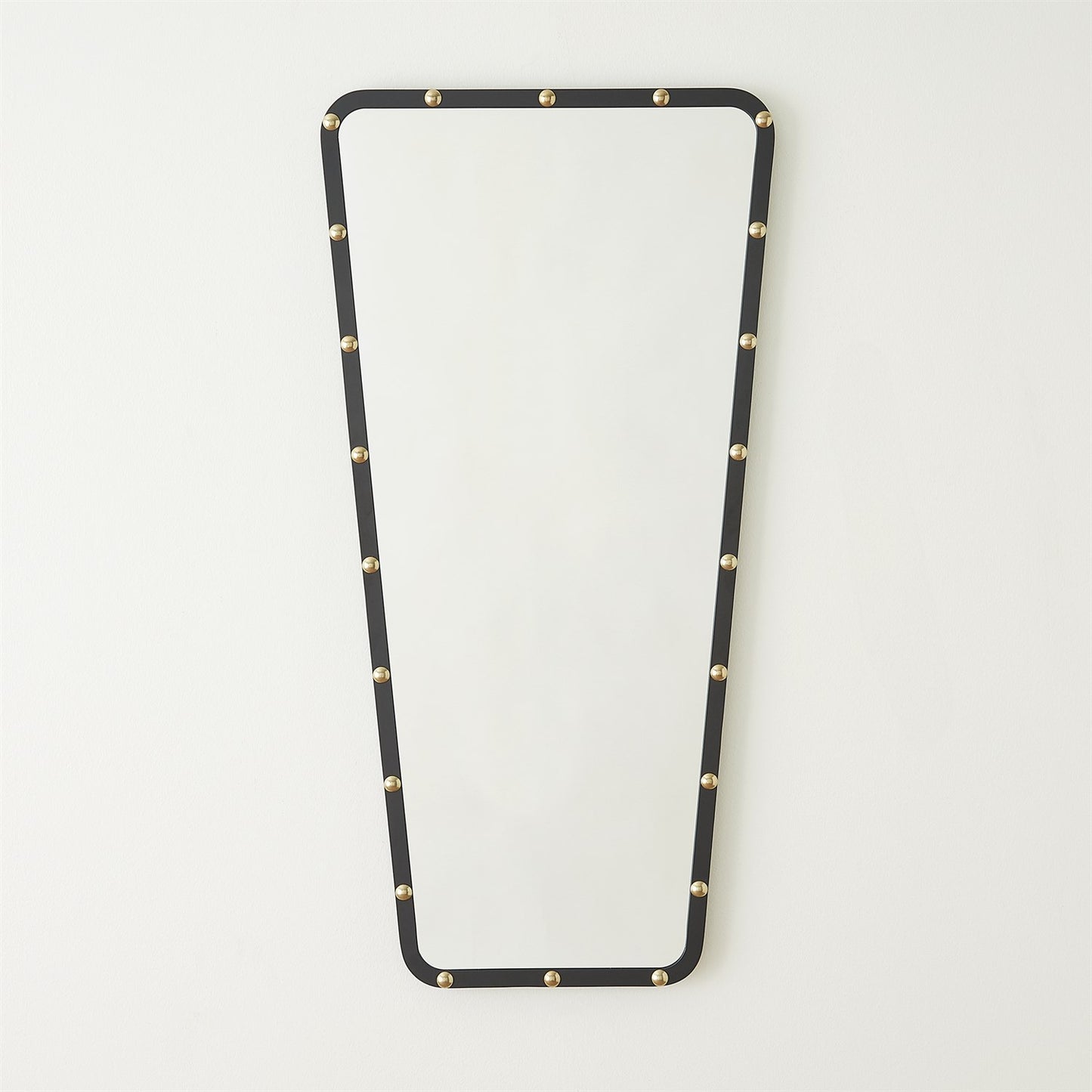 Rectangular mirror with black frame and gold studs on a white background