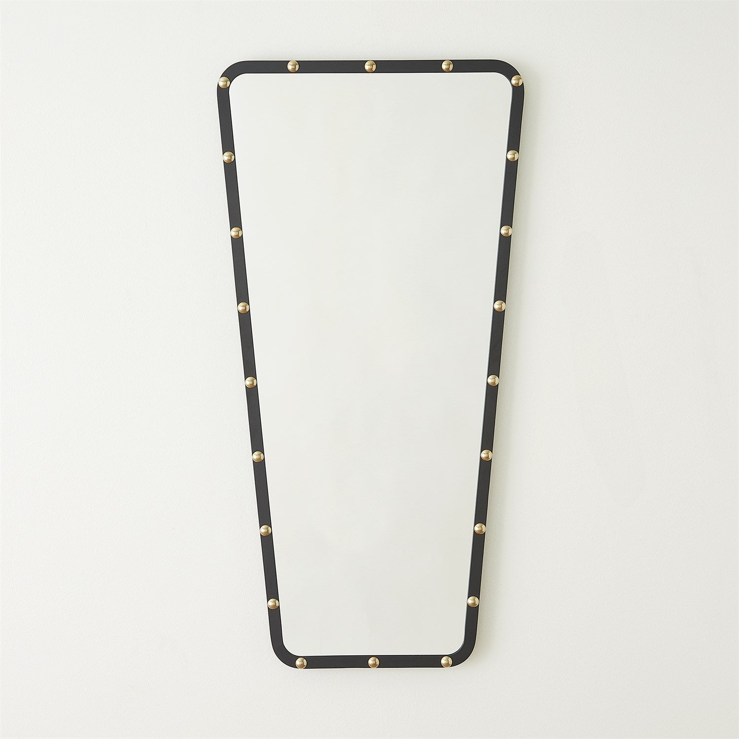 Rectangular mirror with black frame and gold studs on a white background