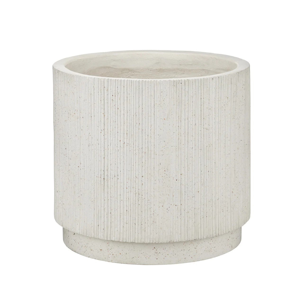 A cylindrical concrete planter pot with a textured vertical ribbed pattern and a small flared base, shown on a plain white background.